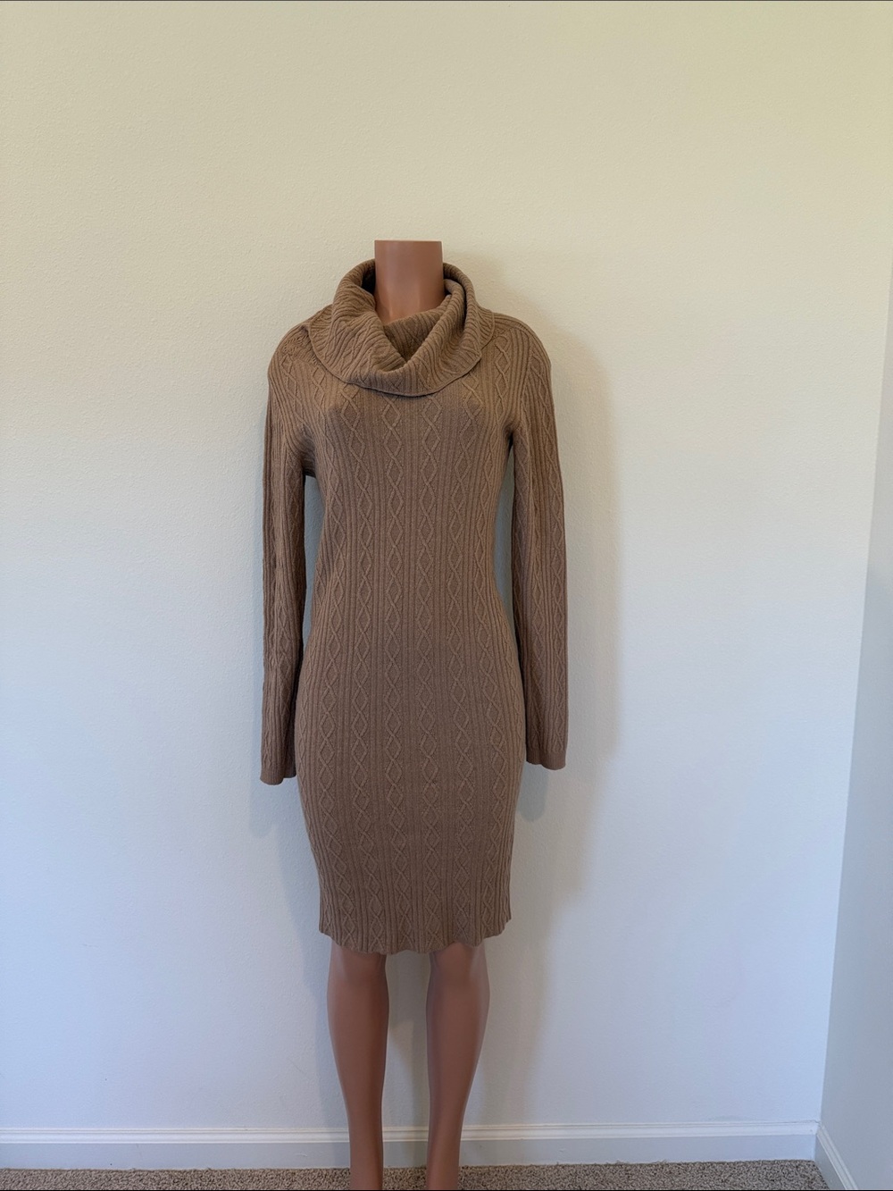 Stefanel Camel Cable Knit Cowl Neck Sweater Dress size large